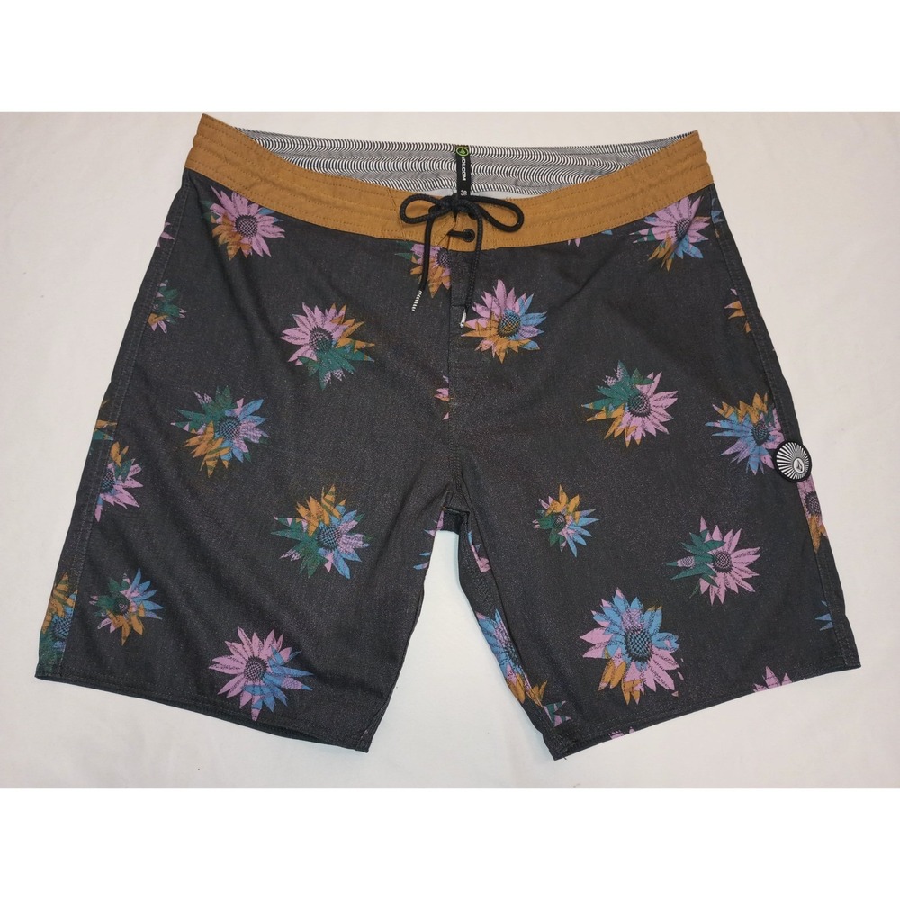 Volcom Mens Board Shorts Floral Sunflower Print Charcoal Tan Swim Trunks Size 38
